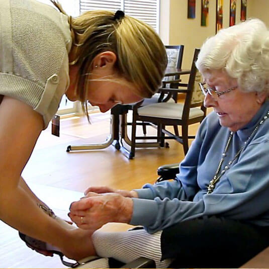 Donate - a volunteer helping a resident